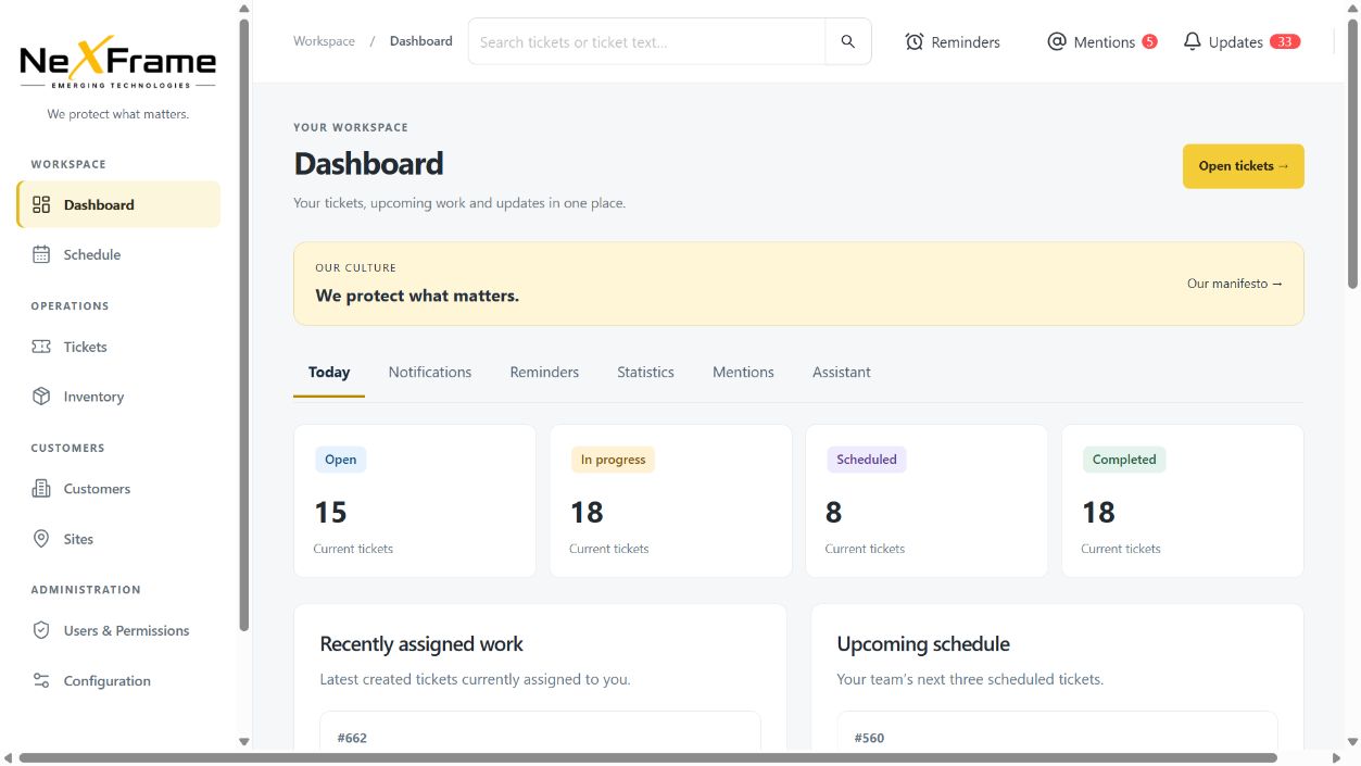 Nexhub Admin dashboard with workspace navigation and ticket overview