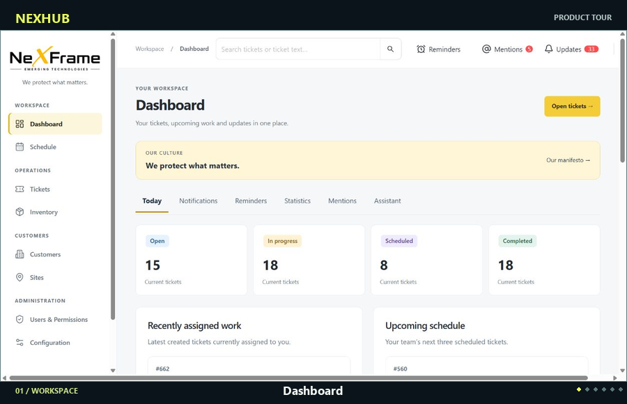 Seven-step Nexhub visual tour: dashboard, schedule, tickets, conversation, a camera example, an illustrative map and a sample drawing