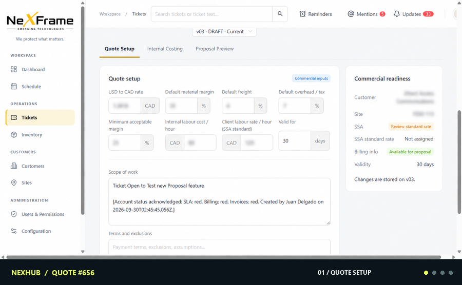 Nexhub ticket 656 quote setup, internal costing, proposal preview and proposal summary
